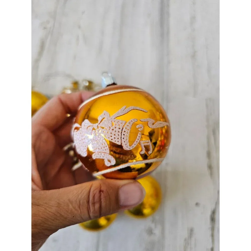 Vintage Mercury glass yellow ball ornament‎ set striped glitter tinsel